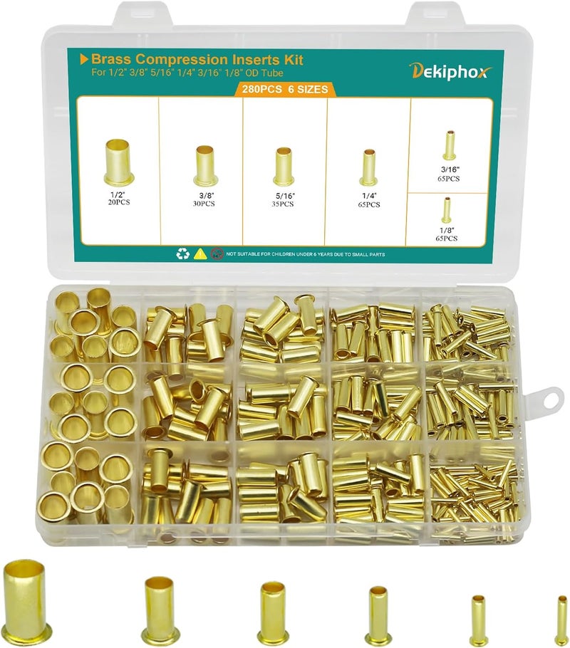 Dekiphox 280PCS Brass Compression Insert，for Tube OD 1/8" 3/16" 1/4" 5/16'' 3/8" 1/2", Insert Tube Compression Sleeve Fitting Assortment Kit - Image 1